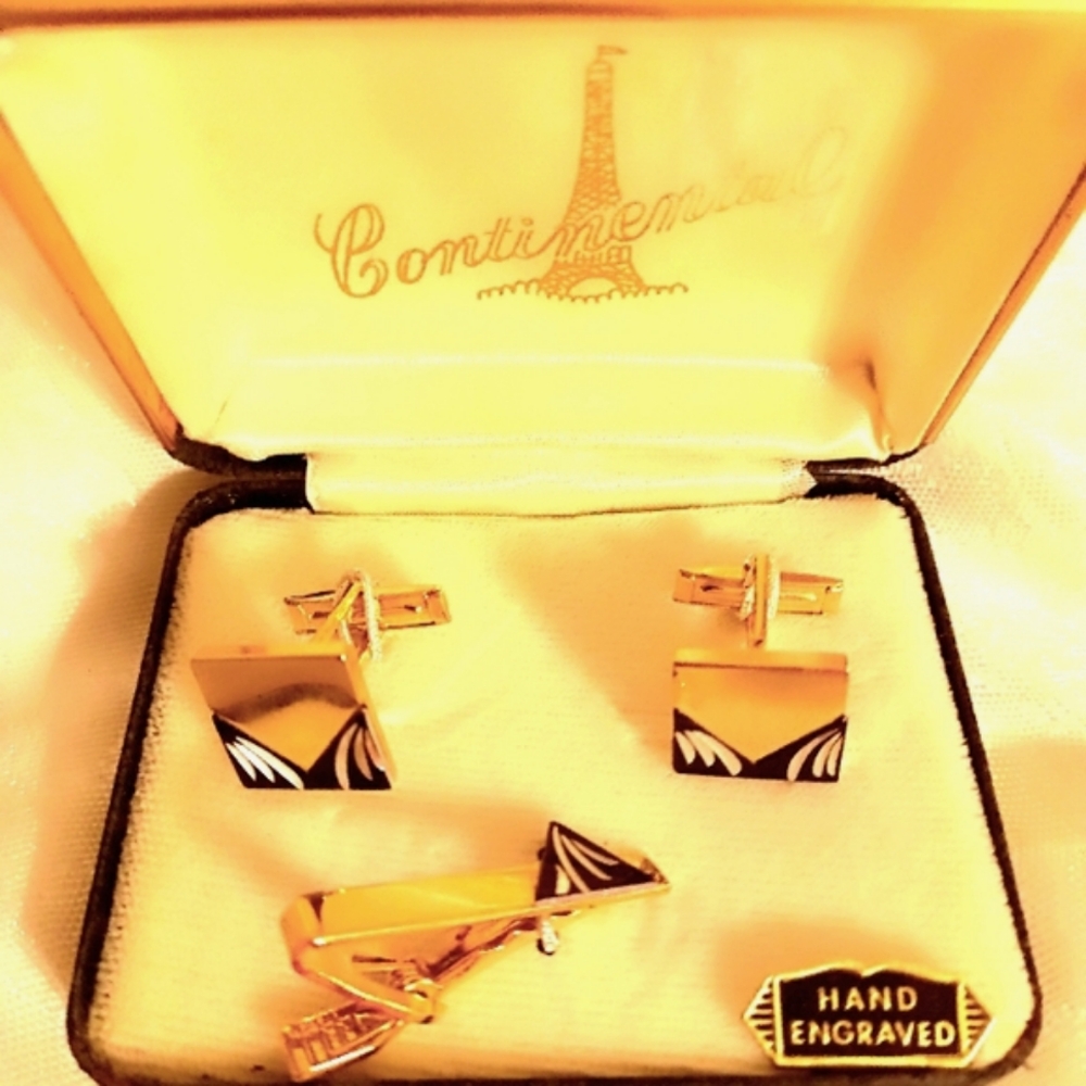 Continental Vintage gold tone black white hand engraved cuff links tie c…
